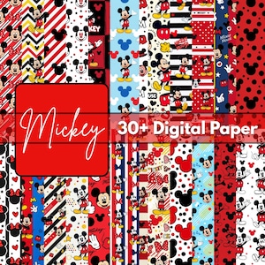 Puede incluir: Una colección de papeles digitales con Mickey Mouse. Los papeles muestran varios patrones, incluyendo lunares, rayas e ilustraciones de personajes en rojo, negro, blanco y azul. La palabra "Mickey" se muestra en un cuadrado rojo, y el texto "30+ Digital Paper" también es visible.