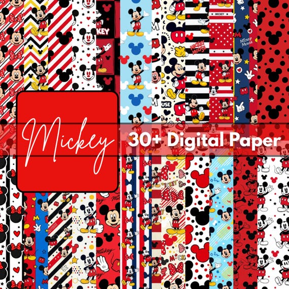 30+ Cartoon Mouse Digital Paper Pack 12x12 JPG | Cute Retro Character Patterns 300 DPI Printable Backgrounds for Crafts Scrapbook DIY