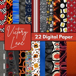 May include: A collection of 22 digital paper designs featuring racing-themed patterns including checkered flags, flames, gears, road signs, race tracks, helmets, and speed-related graphics with the text Victory Lane 22 Digital Paper overlaid.