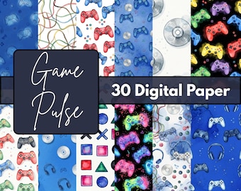 Retro Game Vibes Digital Paper, 12x12 JPG Gaming Backgrounds, Gamer Scrapbook Paper, Pixel Style Craft Sheets, Digital Download