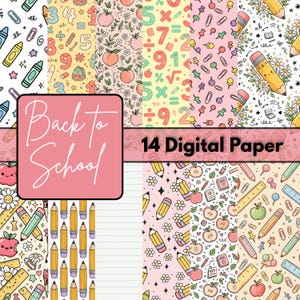 Peut inclure: Une collection de 14 papiers numériques sur le thème de la 'Rentrée scolaire'. Les papiers présentent divers motifs, notamment des crayons, des pommes, des chiffres et des motifs floraux aux couleurs pastel. Le texte "Back to School" et "14 Digital Paper" est inclus.
