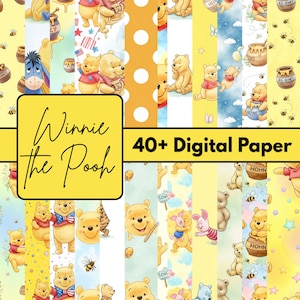 Winnie the Pooh Inspired 40+ Digital Paper Bundle 12x12 PNG | Cute Honey Bear Patterns Printable Scrapbook Backgrounds DIY Craft Pack