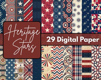 Heritage Stars Digital Paper 12x12 JPG, Patriotic Star Scrapbook Backgrounds, Vintage Americana Printable Paper, Crafting Digital Download