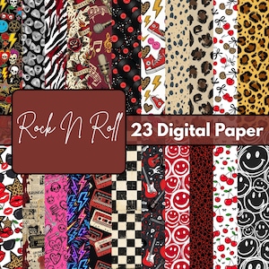 May include: A collection of 23 digital paper designs featuring rock and roll themes including skulls, guitars, vinyl records, lightning bolts, cherries, leopard print, cassette tapes, and smiley faces with the text Rock N Roll 23 Digital Paper.