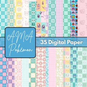 May include: A collection of 35 digital papers with a Pokémon theme. The papers feature various patterns, including character faces, Poké Balls, and grid designs, in pastel colors like pink, blue, yellow, and green. The image includes the text "AMA Pokémon" and "35 Digital Paper."