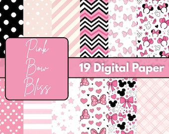 Pink Bow Bliss Digital Paper, Cute Pink Ribbon Backgrounds, Girly Scrapbook Paper, 12x12 JPG Printable Paper, Craft Paper Download