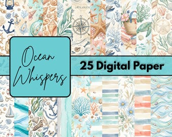 Ocean Whispers Digital Paper Pack, Coastal Blue Backgrounds, Watercolor Sea Textures, Beach Scrapbook Papers, Printable JPG Download