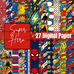 May include: A collection of 27 digital papers with a superhero theme. The papers feature comic book style graphics with bold colors, including red, blue, yellow, and white. Text includes "Super Hero" and "27 Digital Paper", along with comic book sound effects.