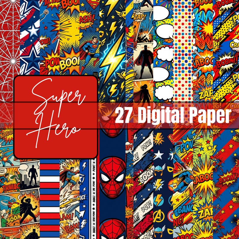 Peut inclure: Ensemble de 27 papiers num&eacute;riques sur le th&egrave;me des super-h&eacute;ros. Les motifs pr&eacute;sentent des graphismes de style bande dessin&eacute;e aux couleurs vives, notamment le rouge, le bleu, le jaune et le blanc. Le texte comprend "Super Hero" et "27 Digital Paper".