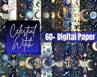 Celestial Witch Digital Paper Pack | Mystical Moon Stars Seamless Patterns | Boho Magic Backgrounds for Scrapbook Crafts DIY Download
