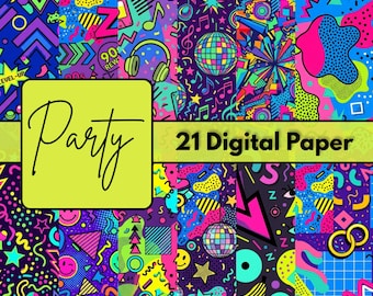 Retro Party Digital Paper Bundle, Neon Geometric Patterns, Vibrant 1980s, 1990s Inspired Backgrounds, High Resolution JPG Set