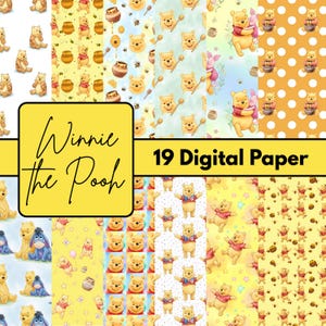 Winnie the Pooh Inspired 19 Digital Paper Bundle 12x12 PNG | Cute Honey Bear Patterns Printable Scrapbook Backgrounds DIY Craft Pack