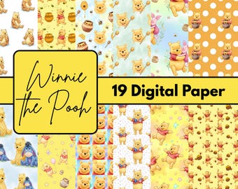 Winnie the Pooh Inspired 19 Digital Paper Bundle 12x12 PNG | Cute Honey Bear Patterns Printable Scrapbook Backgrounds DIY Craft Pack