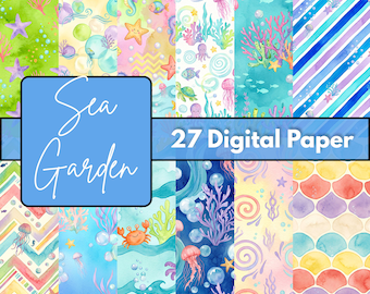 Ocean Garden Digital Paper, Coastal Sea Life Backgrounds, Underwater Scrapbook Papers, 12x12 JPG Printable Craft Sheets
