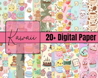 Kawaii Digital Paper Pack 12x12 JPG PNG | Cute Pastel Scrapbook Backgrounds | Printable Craft Paper for DIY Planner Instant Download
