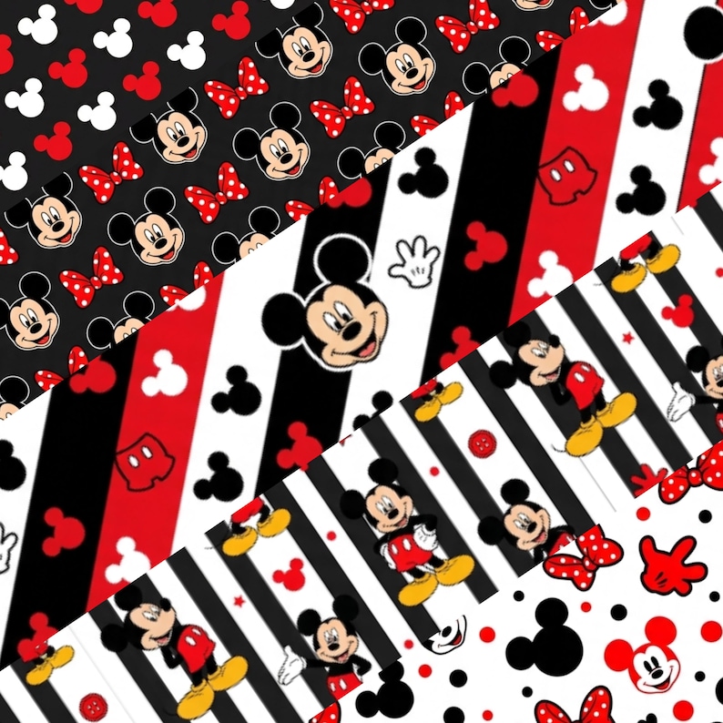 Puede incluir: Un collage de telas estampadas con Mickey Mouse y Minnie Mouse. Los dise&ntilde;os incluyen fondos negros con detalles blancos y rojos, caras de Mickey Mouse, lunares, lazos y patrones de rayas. Adecuado para proyectos de manualidades y costura.