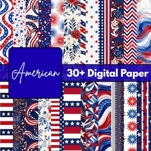 Paquete de papeles digitales estadounidenses / Diseños del 4 de julio / Fondos para álbumes de recortes del Día de la Independencia en rojo, blanco y azul (EE. UU.) Descarga instantánea