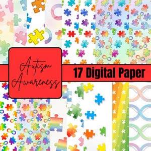 May include: A collection of 17 digital papers with watercolor puzzle piece patterns in various colors. The phrase "Autism Awareness" is displayed on a red square, and the text "17 Digital Paper" is also present.