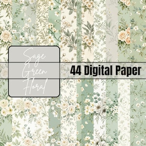 May include: Sage green and floral digital paper pack featuring various patterns of flowers and foliage. The image includes the text "Sage Green Floral" and "44 Digital Paper". The designs showcase a soft color palette with cream and green hues.