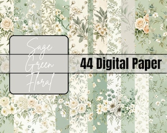 Sage Green Floral Digital Paper Pack | Seamless Cottagecore Patterns 12x12 JPG 300 DPI Printable Backgrounds for Scrapbook Crafts
