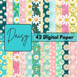 May include: A collection of 42 digital papers with daisy patterns in various colors. The papers feature white daisies with yellow centers on backgrounds of pink, teal, yellow, and green. The word "Daisy" is in a teal square.