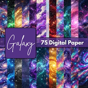 May include: A collection of 75 digital papers featuring vibrant galaxy designs. The papers showcase swirling nebulae in shades of purple, blue, green, and gold, with the word "Galaxy" in a white script font on a purple square.