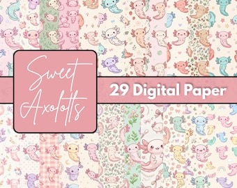 Cute Axolotl Digital Paper Bundle, Kawaii Amphibian Patterns, Pastel Animal Backgrounds, Scrapbook JPG, Printable Craft Pack