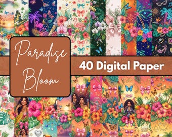Paradise Bloom Digital Paper Pack, Tropical Floral Backgrounds, Botanical Pattern Collection, Printable Craft Papers, JPG Download