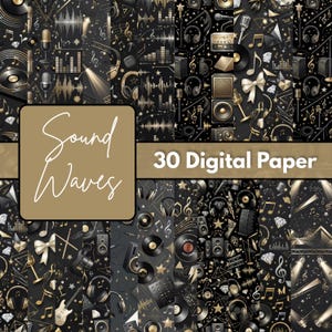 May include: A collection of 30 digital paper sheets featuring a black background with gold-toned musical elements including microphones, headphones, vinyl records, speakers, sound waves, musical notes, stars, and diamonds, with the text Sound Waves.