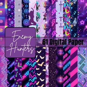 Puede incluir: Una colección de 61 papeles digitales con temática de fantasía. Los papeles presentan varios patrones, incluyendo estrellas, rayos, espadas y siluetas de personajes. La paleta de colores incluye tonos de morado, rosa y verde neón. Se muestra el texto "Enemy Hunters".