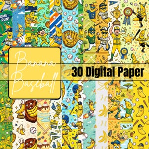May include: A collection of 30 digital papers with a baseball theme. The papers feature illustrations of bananas playing baseball, baseballs, gloves, and trophies. The color palette includes yellow, blue, green, and white. Text on the image includes "Banana Baseball" and "30 Digital Paper."