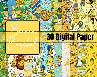 Banana Baseball Digital Paper Pack 12x12 JPG | Cute Yellow Sports Patterns | Summer Scrapbook Backgrounds for Party Crafts DIY