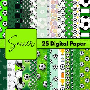 Może przedstawiać: Kolekcja 25 cyfrowych papierów o tematyce piłkarskiej. Papiery przedstawiają piłki nożne, trofea i inne grafiki związane ze sportem w różnych wzorach i kolorach, w tym zielonym, białym i czarnym. Słowo "Soccer" jest napisane w zielonym kwadracie.