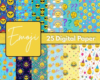 Cute Emoji Digital Paper, Colorful Smiley Face Patterns, Fun Printable Backgrounds, 12x12 JPG, Bright Happy Design Collection