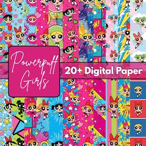 Paquete de más de 20 papeles digitales de chicas heroínas lindas, 12x12 JPG / 300 DPI, fondos imprimibles de dibujos animados kawaii para manualidades DIY.
