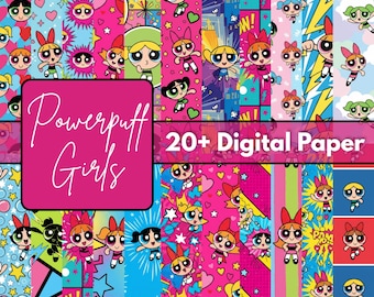 Cute Hero Girls 20+ Digital Paper Pack 12x12 JPG | 300 DPI Kawaii Cartoon Printable Backgrounds for DIY Crafts Downloads