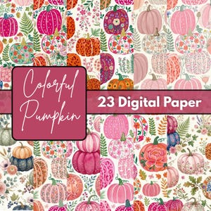 Colorful Pumpkin Digital Paper Bundle, Cute Fall Pattern Pack, Girly Autumn Backgrounds, Halloween Scrapbook Download