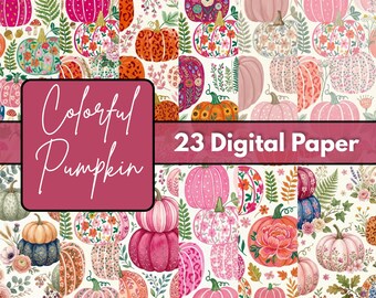 Colorful Pumpkin Digital Paper Bundle, Cute Fall Pattern Pack, Girly Autumn Backgrounds, Halloween Scrapbook Download