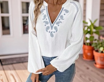100% Cotton Embroidered Blouse, Women's Boho Long Sleeve Paisley Peasant Shirt