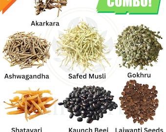 7-in-1 Ayurvedic Herb Combo Pack: Ashwagandha, Shatavari, Safed Musli, Gokhru, Kaunch, Lajwanti, Akarkara