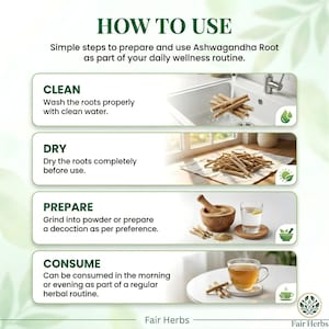 How to prepare Ashwagandha: measuring spoon of powder mixed into warm milk, simple traditional preparation steps