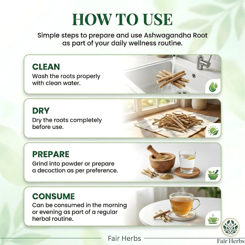 How to prepare Ashwagandha: measuring spoon of powder mixed into warm milk, simple traditional preparation steps