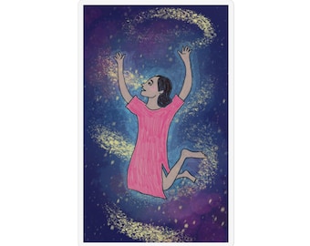 Rosa Kreide-Kleid-Raum-Mädchen-kundenspezifische Form-Magnet | Cartoon-Frau springt im Weltraum