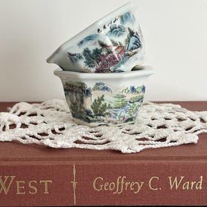 May include: Two white ceramic hexagonal planters stacked vertically, each featuring a hand-painted landscape scene with mountains, trees, and a small building in shades of blue, green, and red. The top planter includes black Chinese calligraphy.