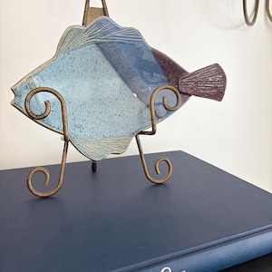 Vintage Signed Studio Art Pottery Fish Platter: Blue Plum Glaze, Textured Fin (Coastal Decor)