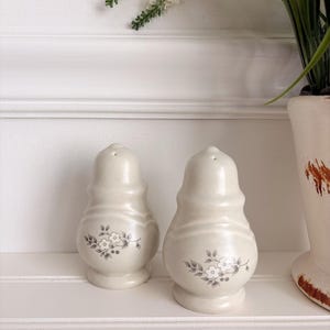 May include: Two off-white ceramic salt and pepper shakers with a floral design. The shakers have a bulbous shape and a small hole at the top. The floral design features white flowers and gray leaves. The shakers are on a white shelf.