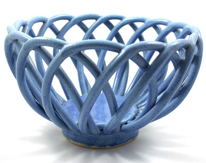 Vintage 1990s Ceramic Bread Warmer, Blue Woven Clay Rope Fruit Bowl