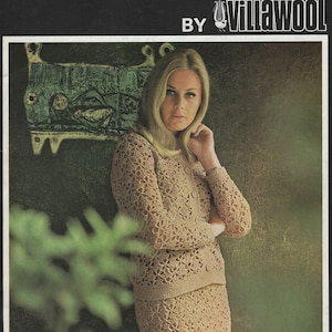 May include: Vintage "Crochet Book No. 5" by Villawool. The cover features a woman wearing a beige crochet outfit, a long-sleeved top and a skirt. The book is set against a dark background with a decorative wall hanging. The price is 75 cents.