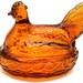 Vintage amber glass nesting hen on basket, roosting chicken with chicks, brown candy dish nest, farmhouse kitchen style, country decor