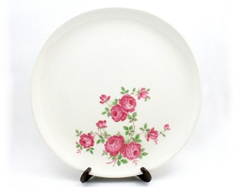 Vintage 1930s Crooksville USA  red pink rose china plate, 9" floral luncheon dinner dish, white porcelain, wedding garden tea party, L-U